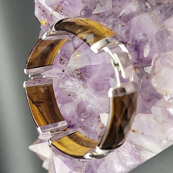 925 Sterling Silver Faceted Tigers Eye 5 Panel Mens Gemstone Bracelet Size 7 - Picture 3 of 14